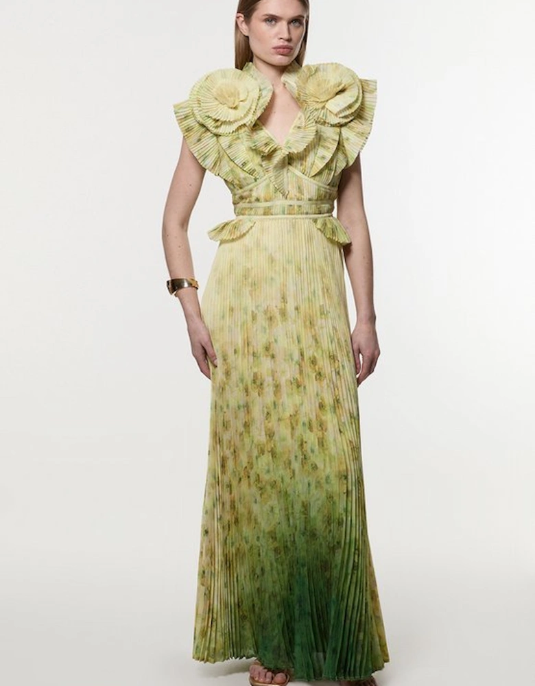 Petite Crinkle Pleat Border Print Maxi Dress With Rosette Detail