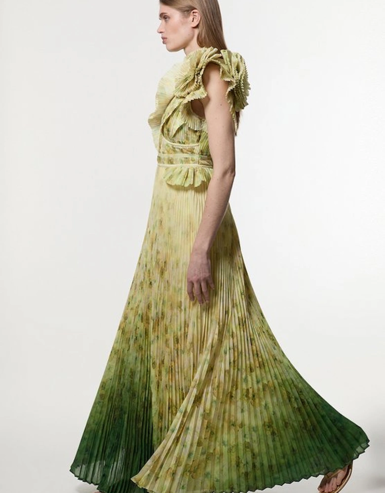 Petite Crinkle Pleat Border Print Maxi Dress With Rosette Detail