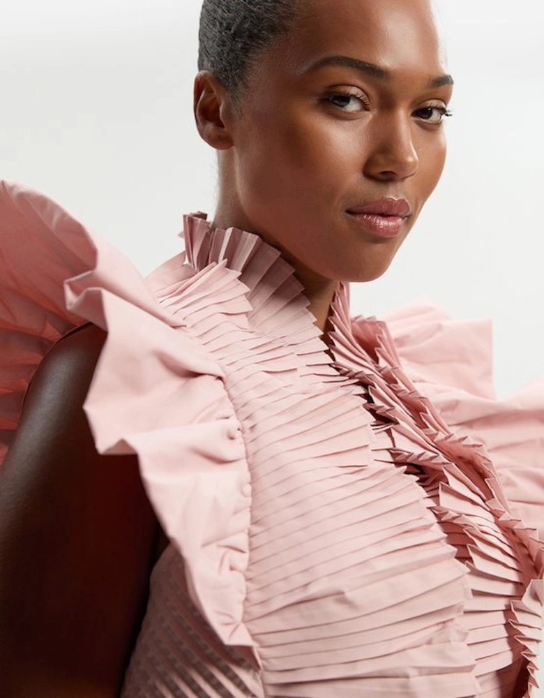 Plus Size Pleated Ruffle Sleeve Woven Top