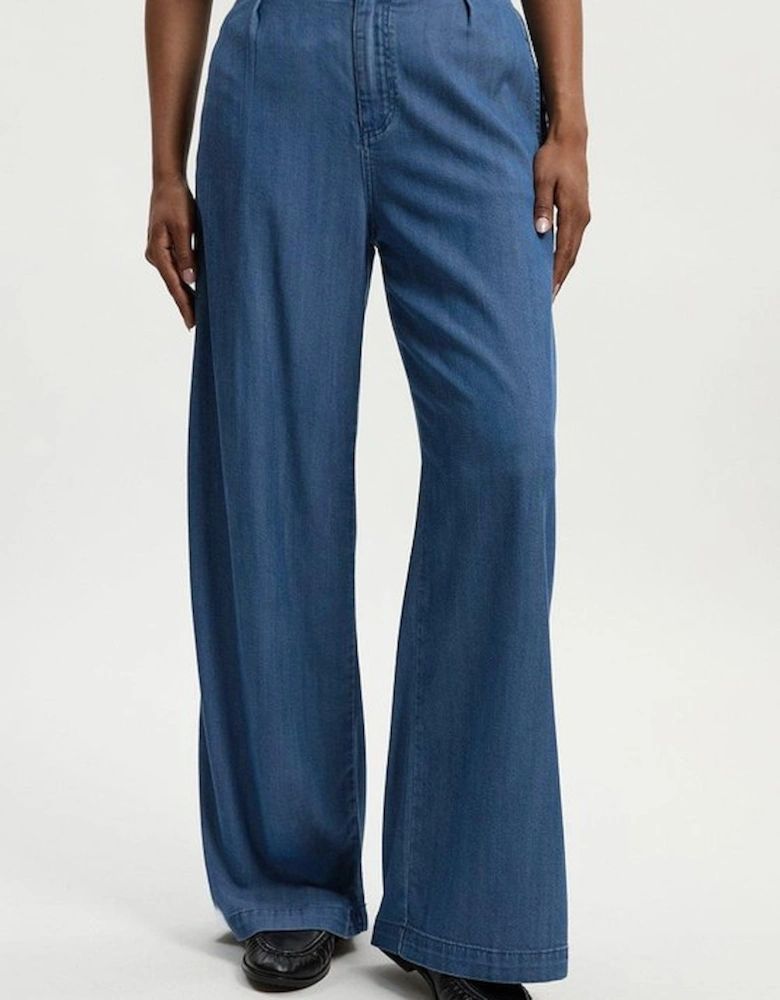 Chambray Stretch Denim Wide Leg Trouser