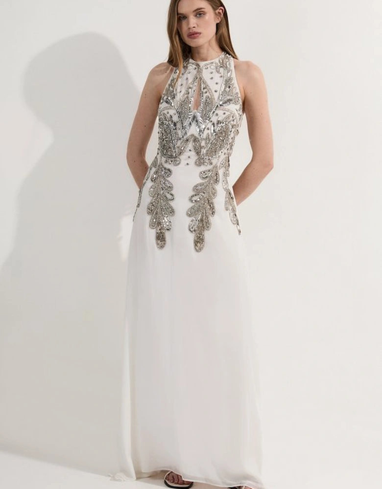 Petite Halter Neck Bugle Bead Detail Woven Maxi Dress