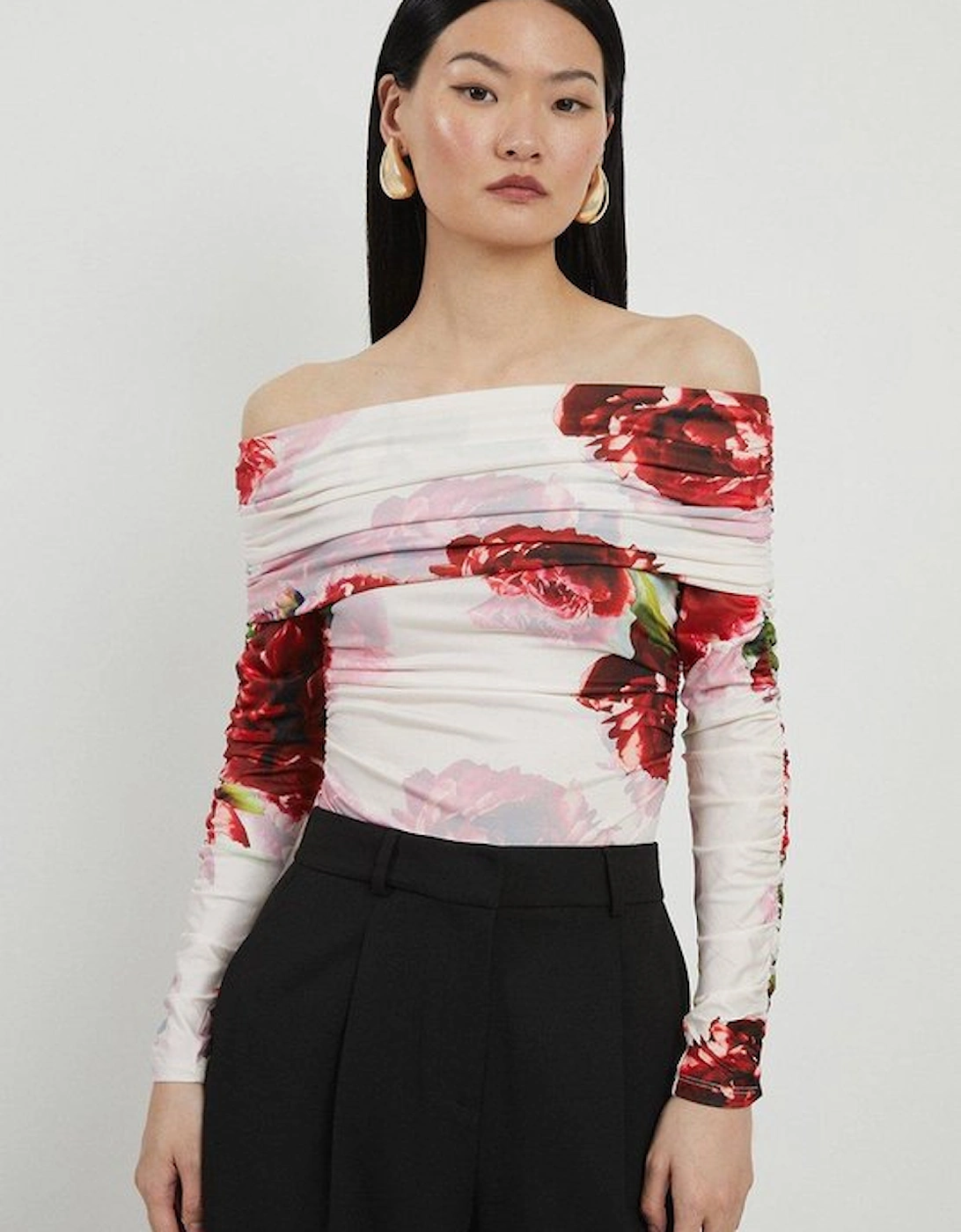 Rose Print Drapey Crepe Jersey Bardot Bodysuit, 5 of 4