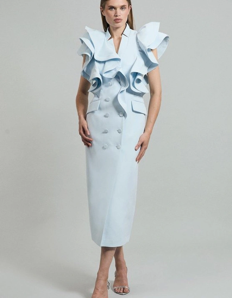 Drama Ruffle Tuxedo Tailored Pencil Maxi Dress