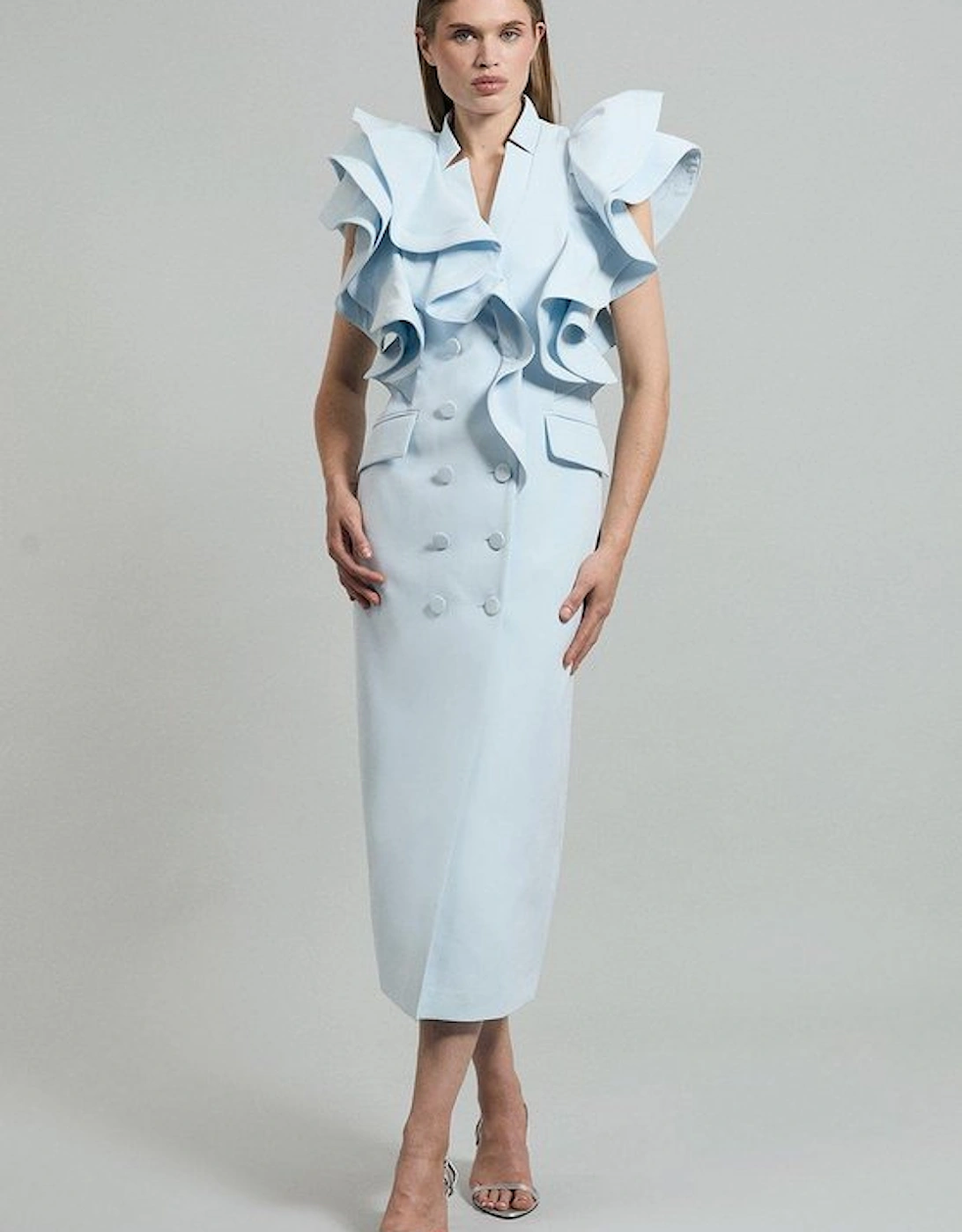 Drama Ruffle Tuxedo Tailored Pencil Maxi Dress, 5 of 4