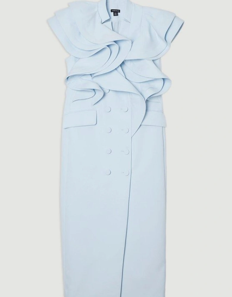 Drama Ruffle Tuxedo Tailored Pencil Maxi Dress