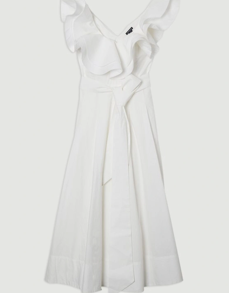 Cotton Poplin Structured Ruffle Tie Belt Woven Midi Dress
