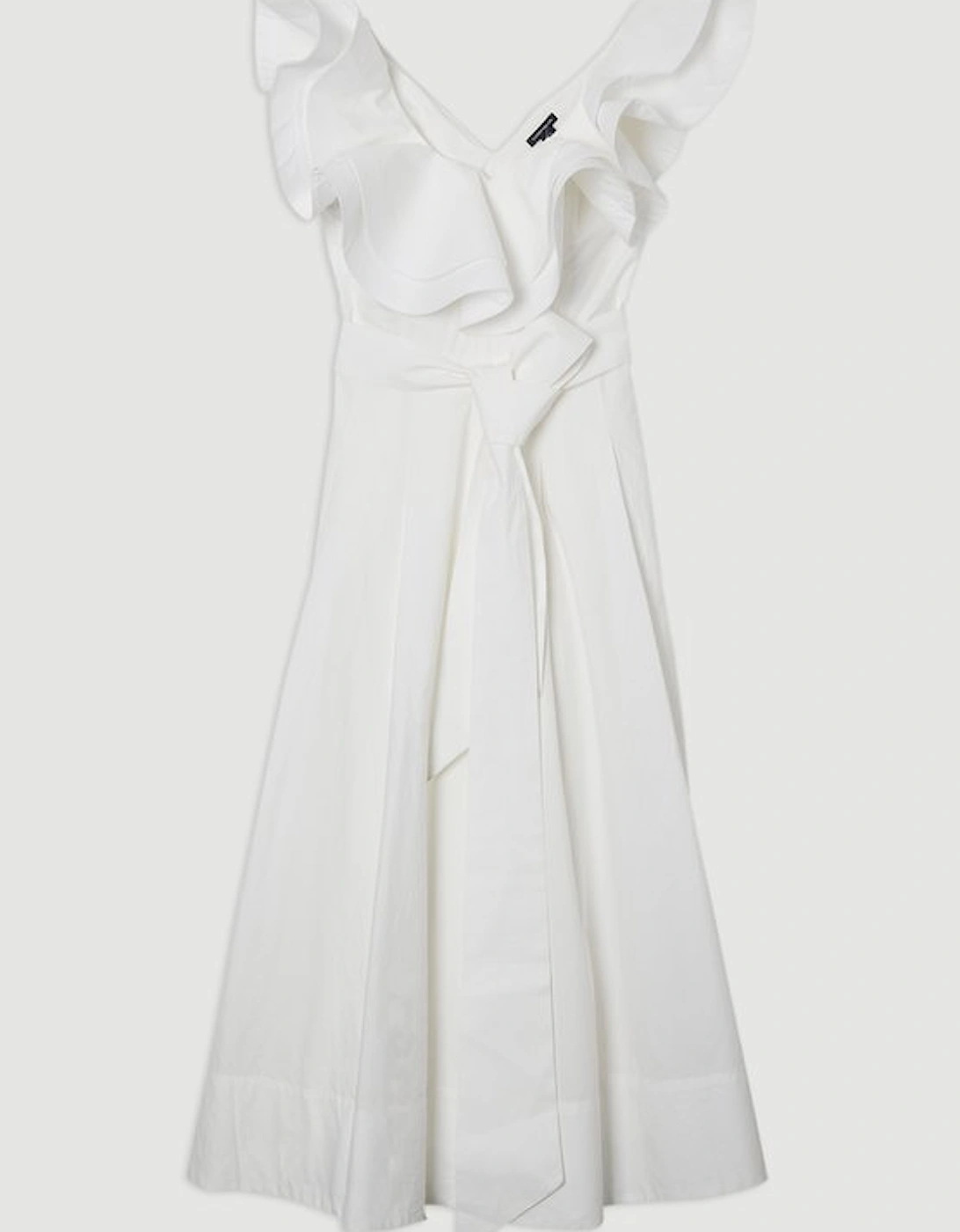 Cotton Poplin Structured Ruffle Tie Belt Woven Midi Dress