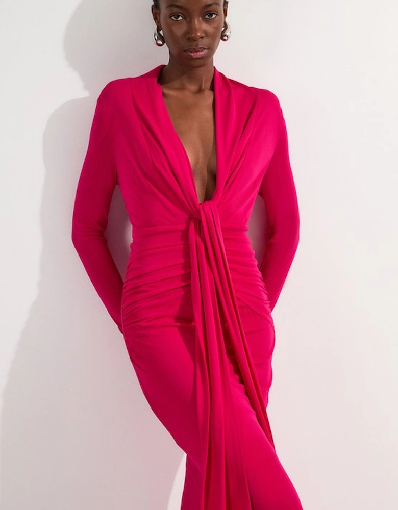 Premium Stretch Crepe Jersey Plunge Neck  Maxi Dress