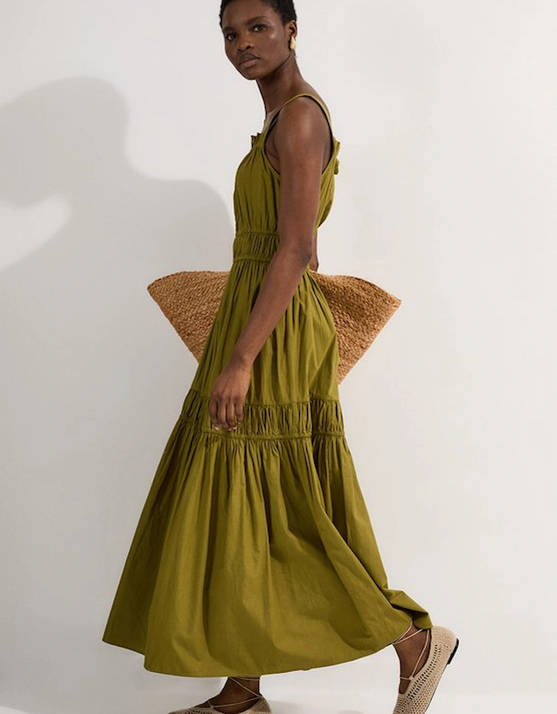 Shirred Cotton Tiered Woven Strappy Maxi Dress