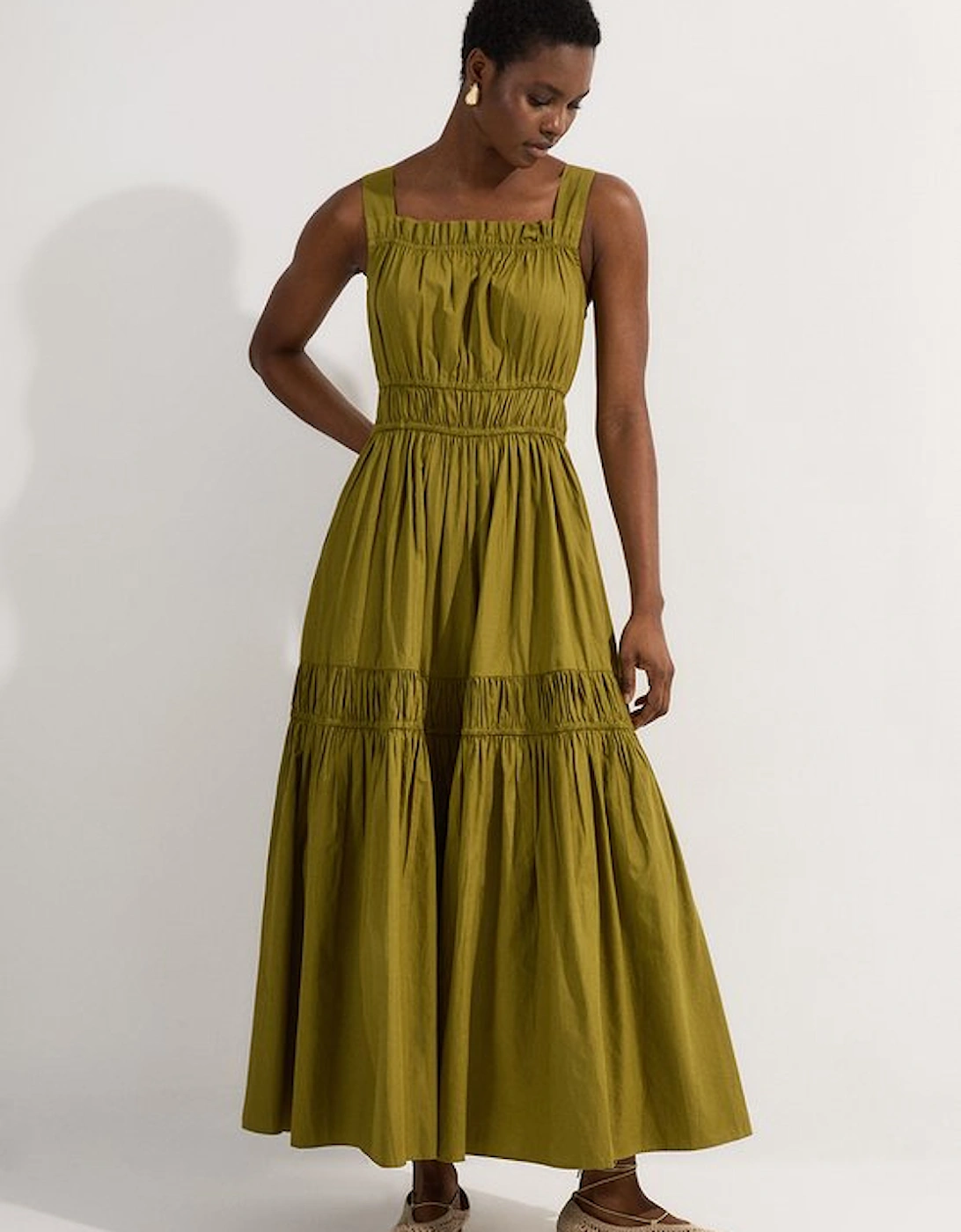 Shirred Cotton Tiered Woven Strappy Maxi Dress