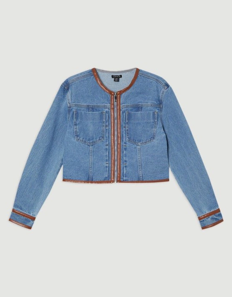 Plus Size Denim & Faux Leather Tipping Collarless Tailored Jacket