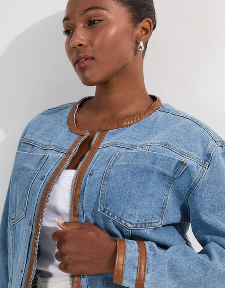 Plus Size Denim & Faux Leather Tipping Collarless Tailored Jacket