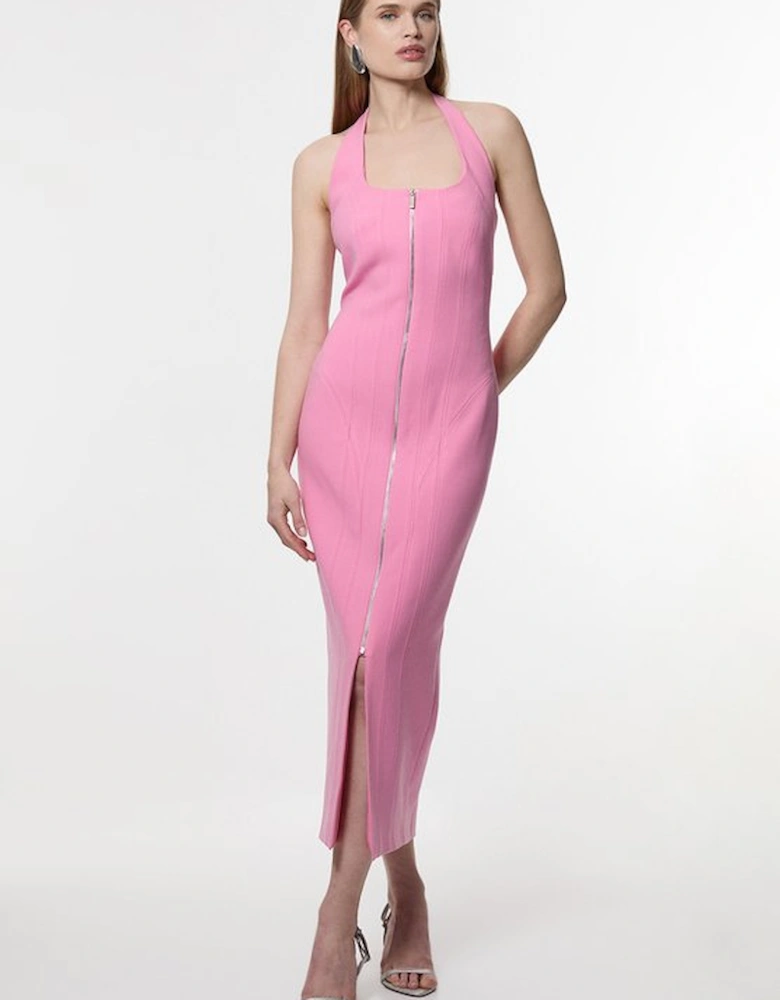 Compact Stretch Tailored Zip Through Pencil Midi Dress