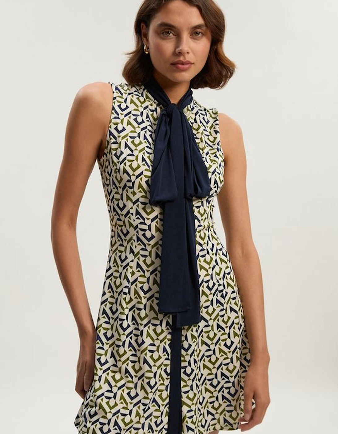 Tall Geo Print Crepe Tie Neck Mini Dress, 5 of 4