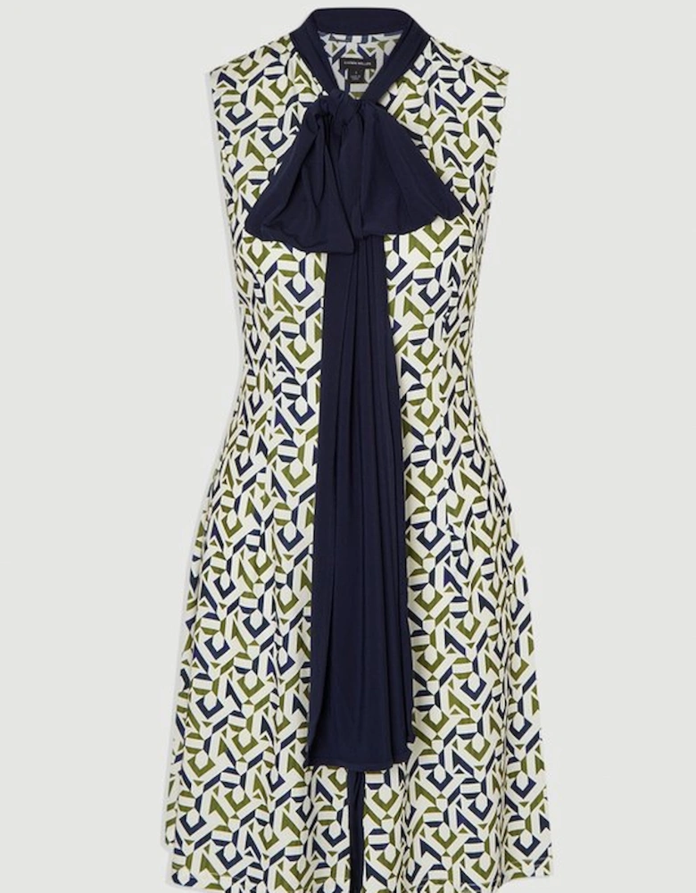 Tall Geo Print Crepe Tie Neck Mini Dress