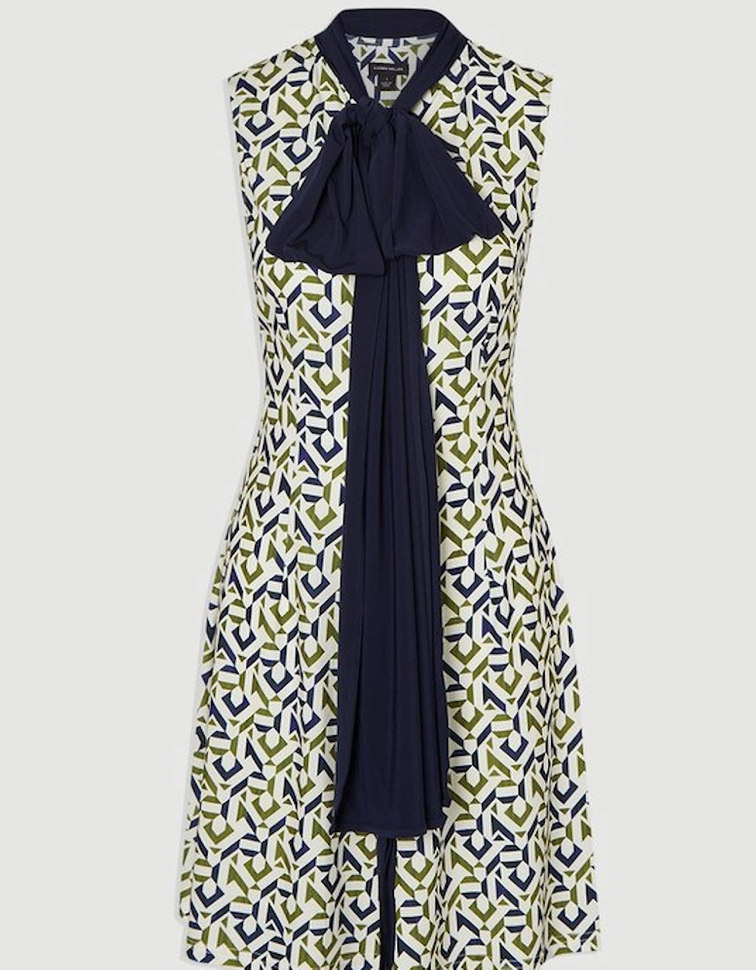 Tall Geo Print Crepe Tie Neck Mini Dress