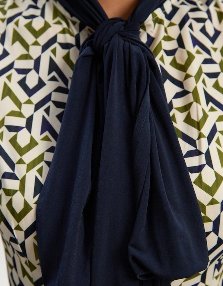 Tall Geo Print Crepe Tie Neck Mini Dress