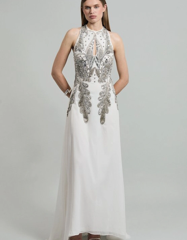 Halter Neck Bugle Bead Detail Woven Maxi Dress