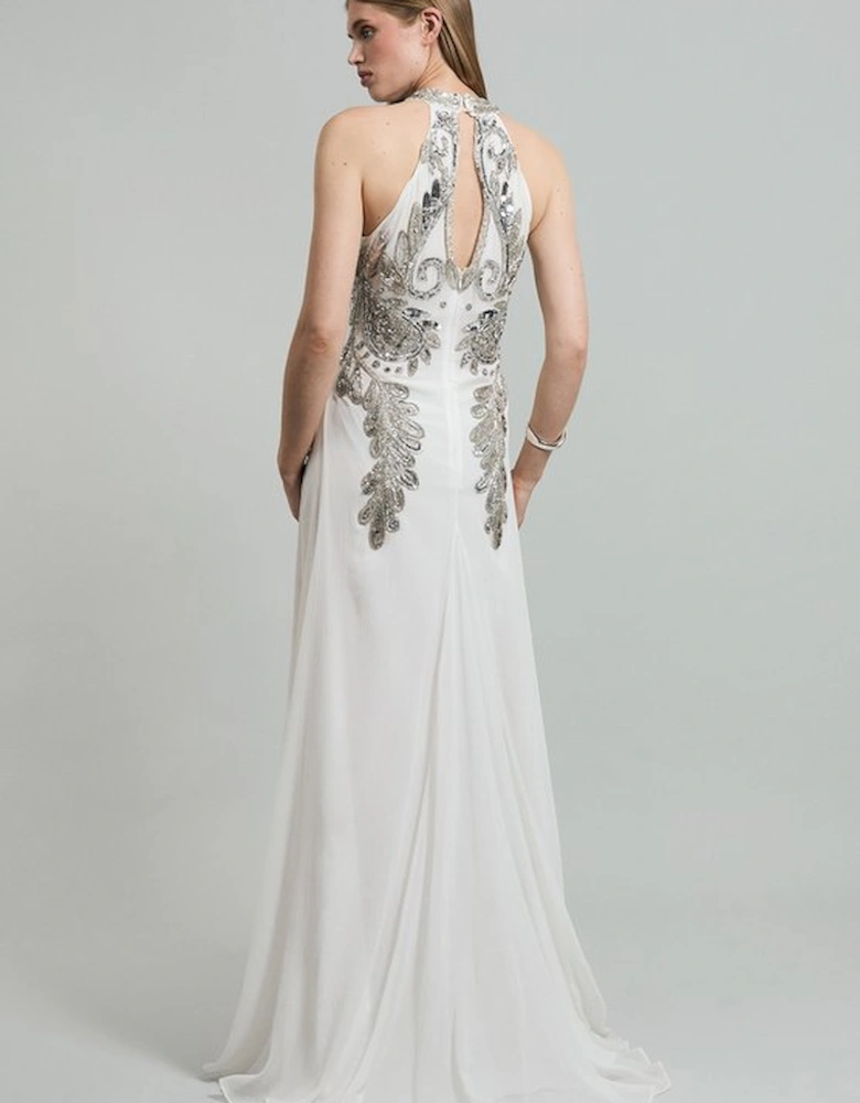 Halter Neck Bugle Bead Detail Woven Maxi Dress