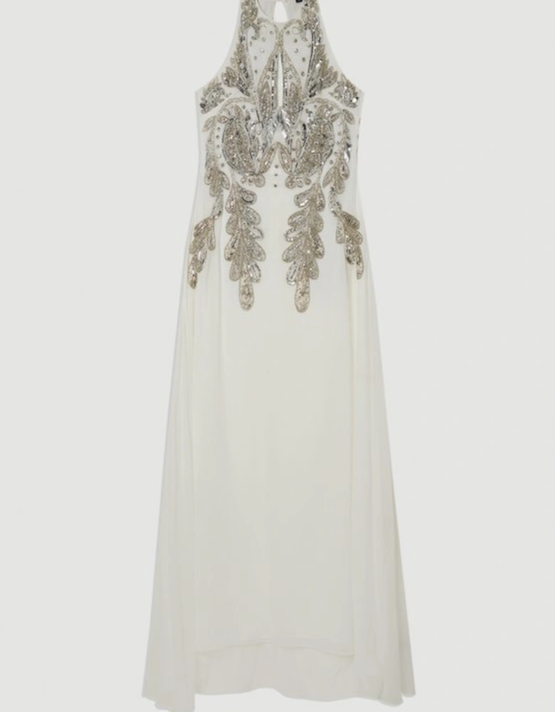 Halter Neck Bugle Bead Detail Woven Maxi Dress
