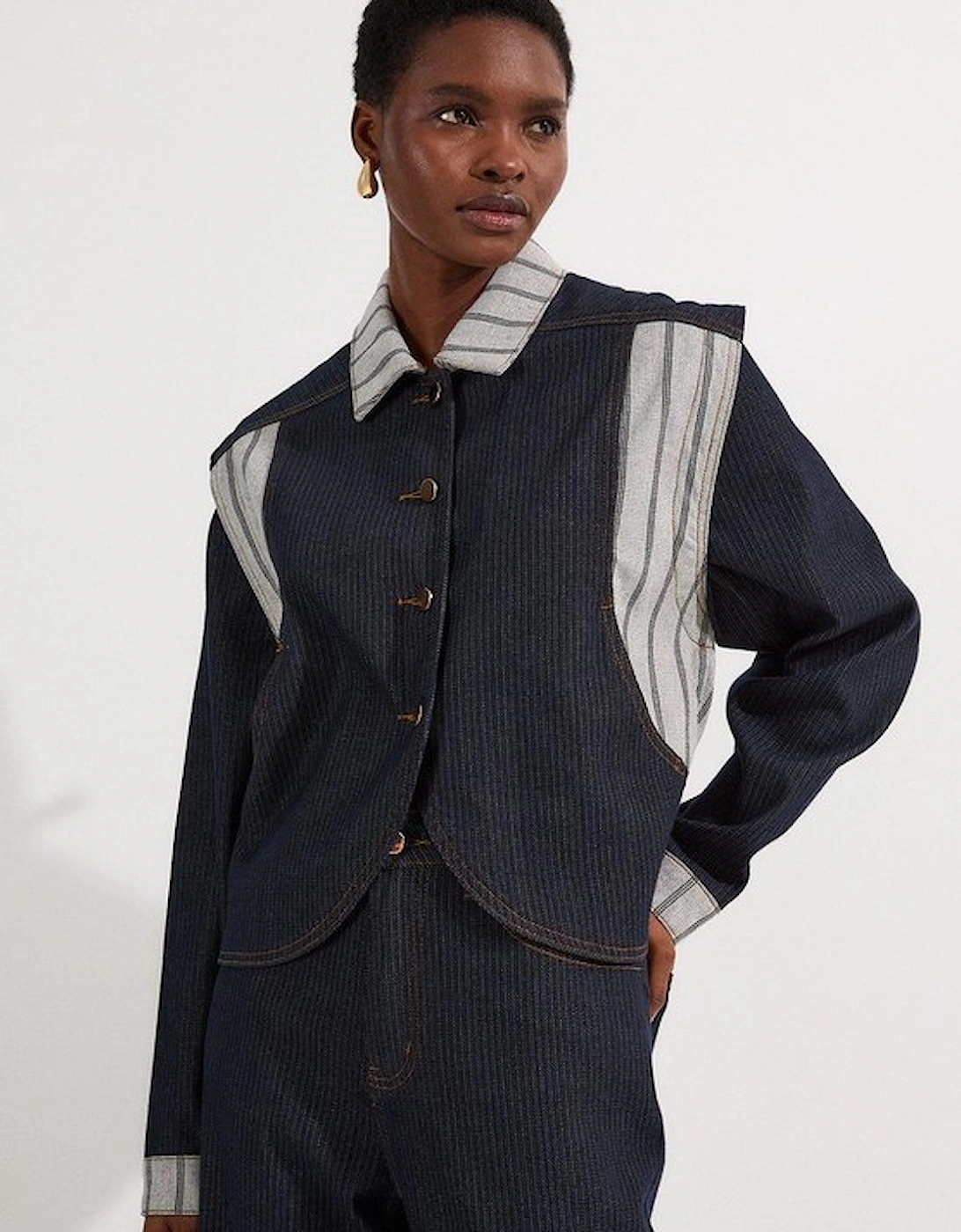 Stripe Denim Button Through Tailored Jacket, 5 of 4