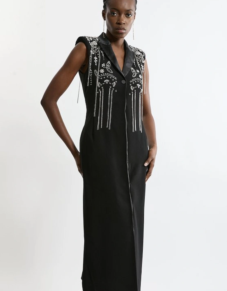 Embellished Detail Plunge Collared Woven Maxi Dress