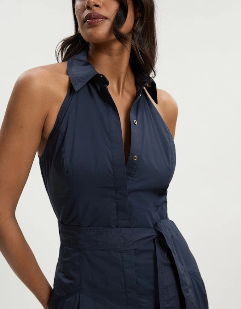 Cotton Collared Halter Neck Woven Midi Shirt Dress With Dropped Waist Detail