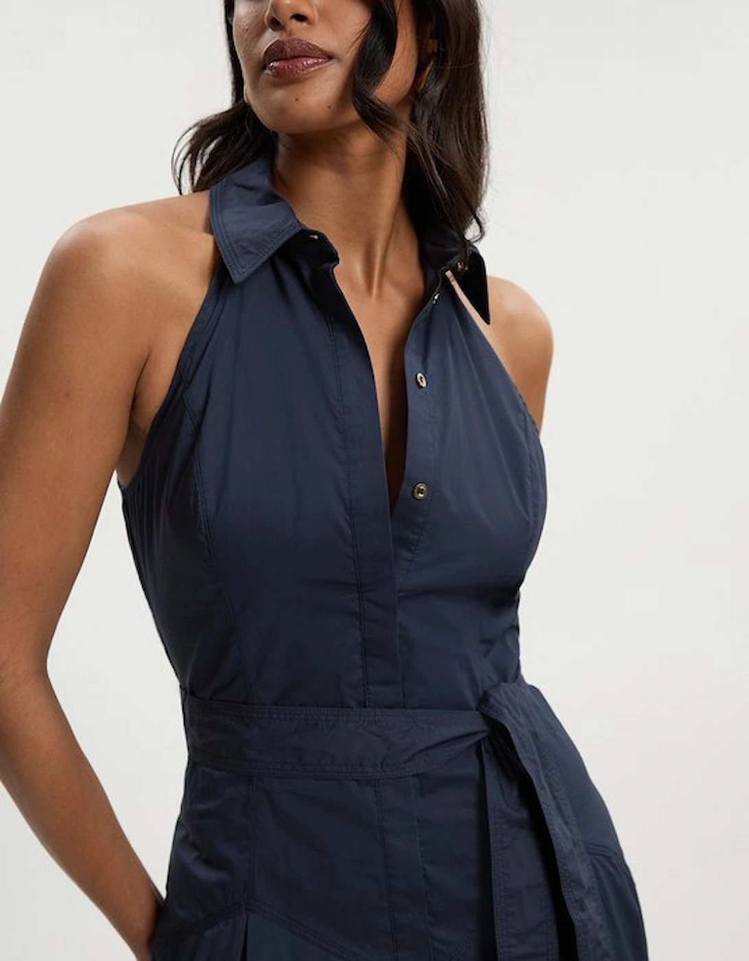 Cotton Collared Halter Neck Woven Midi Shirt Dress With Dropped Waist Detail