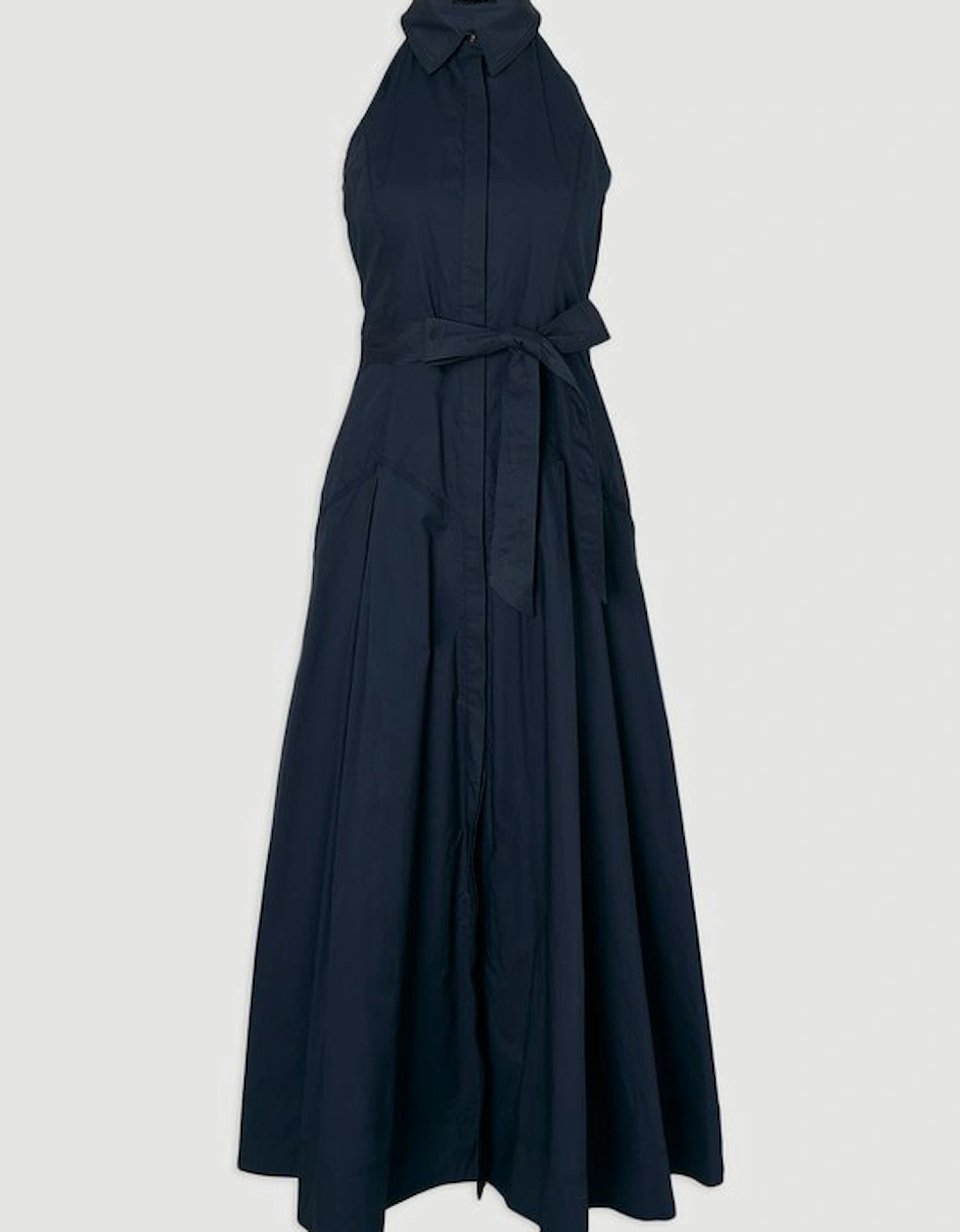 Cotton Collared Halter Neck Woven Midi Shirt Dress With Dropped Waist Detail