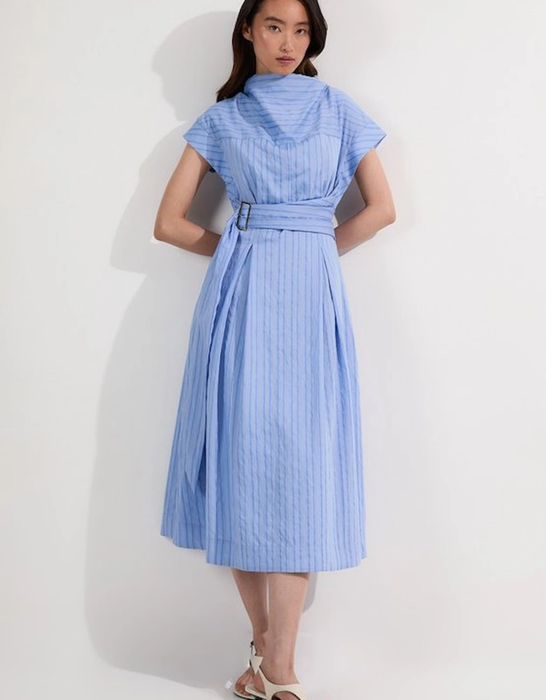 Cotton Stripe High Neck Belted Woven Midi Shirt Dress