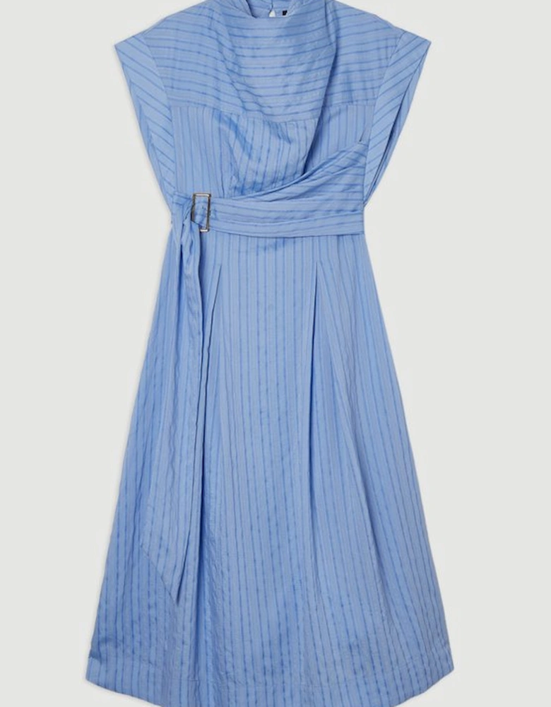 Cotton Stripe High Neck Belted Woven Midi Shirt Dress