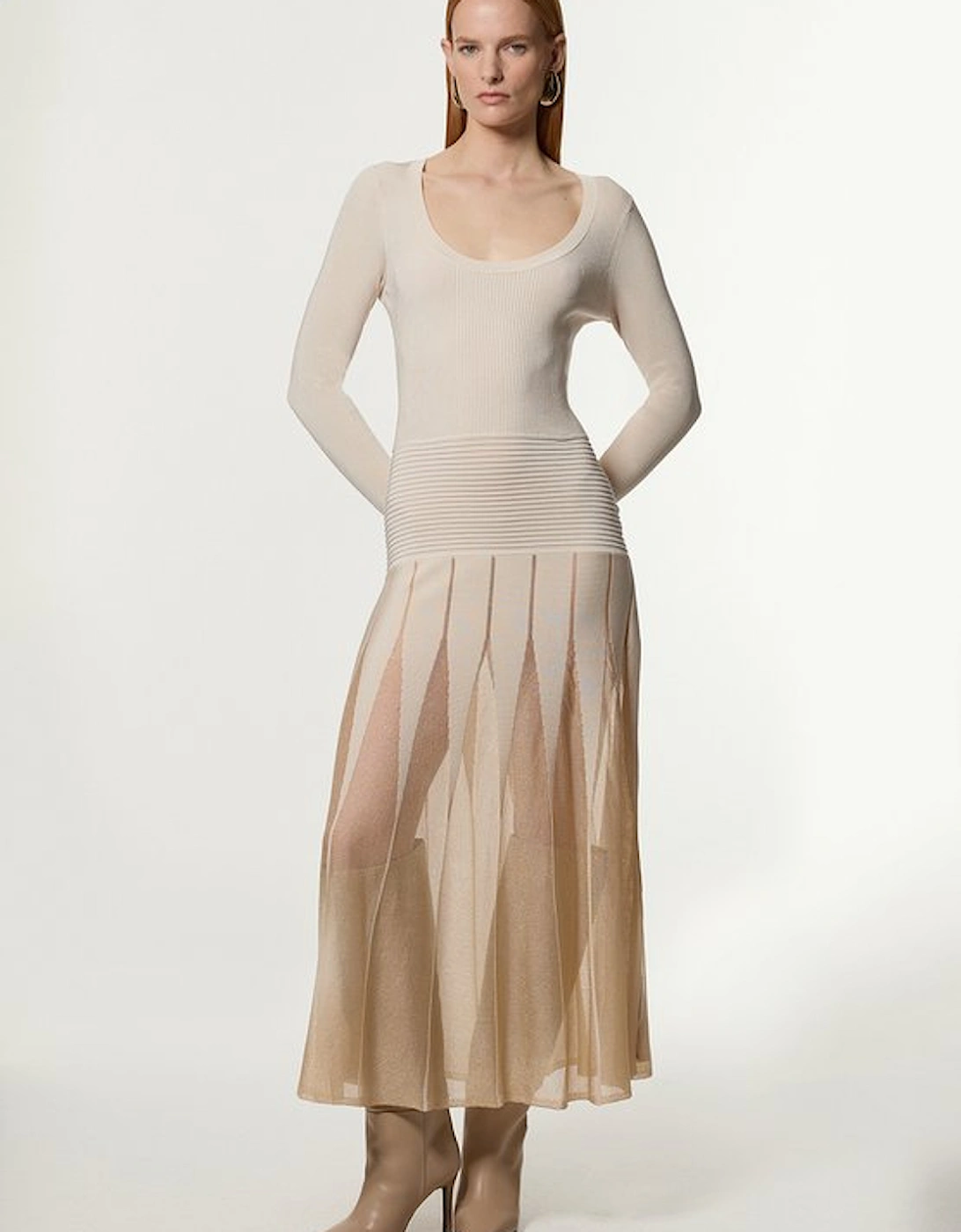 Petite Slinky Knit Scooped Neck Sheer Detail Maxi Dress