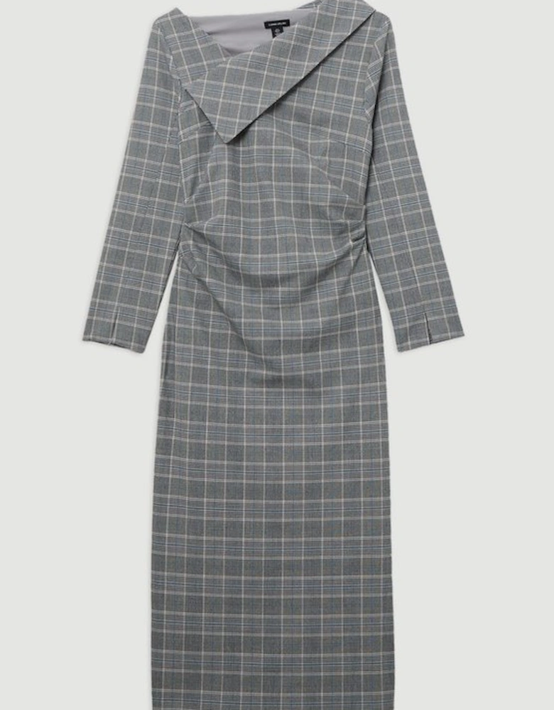 Grey Check Tailored Asymmetrical Collared Fitted Maxi Dress