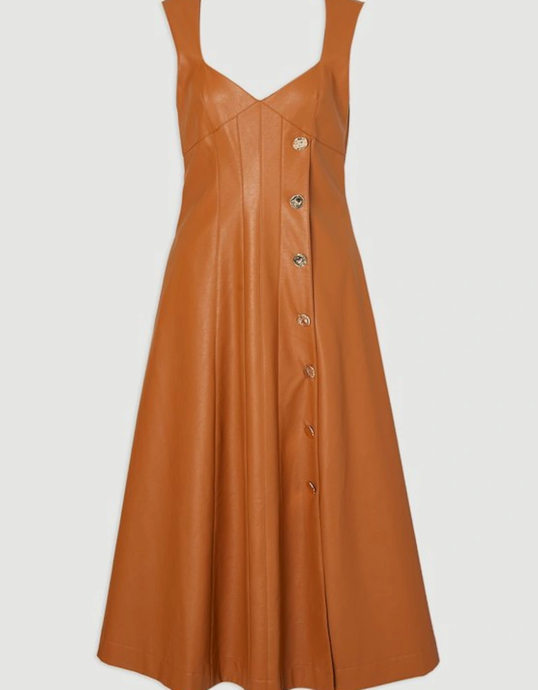 Faux Leather Button Detail Sleeveless Midi Dress