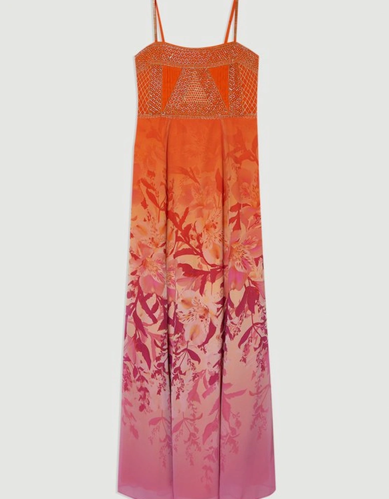 Embellished Ombre Floral Pleated Woven Bandeau Maxi Dress