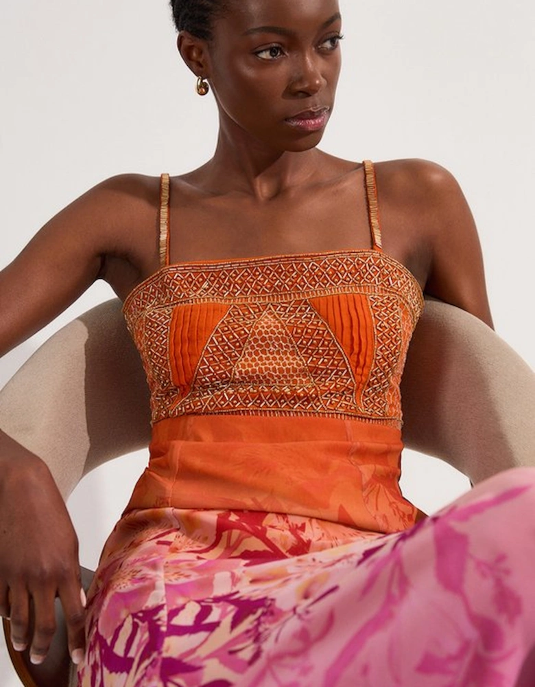 Embellished Ombre Floral Pleated Woven Bandeau Maxi Dress