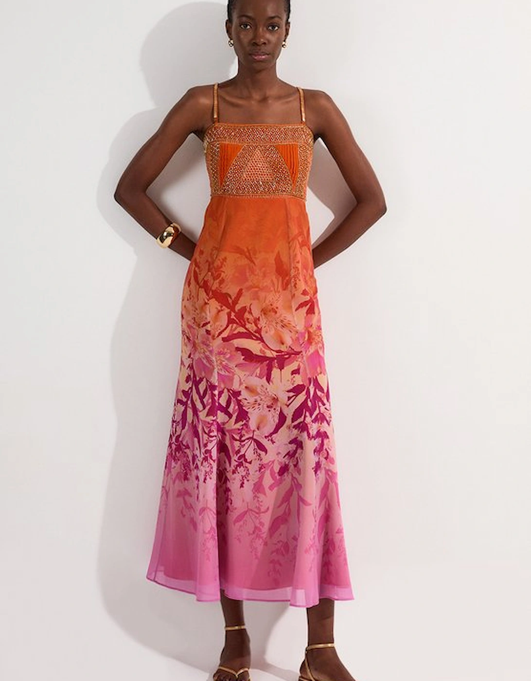 Embellished Ombre Floral Pleated Woven Bandeau Maxi Dress, 5 of 4
