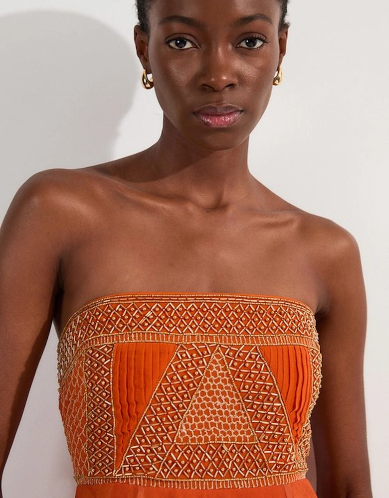 Embellished Ombre Floral Pleated Woven Bandeau Maxi Dress
