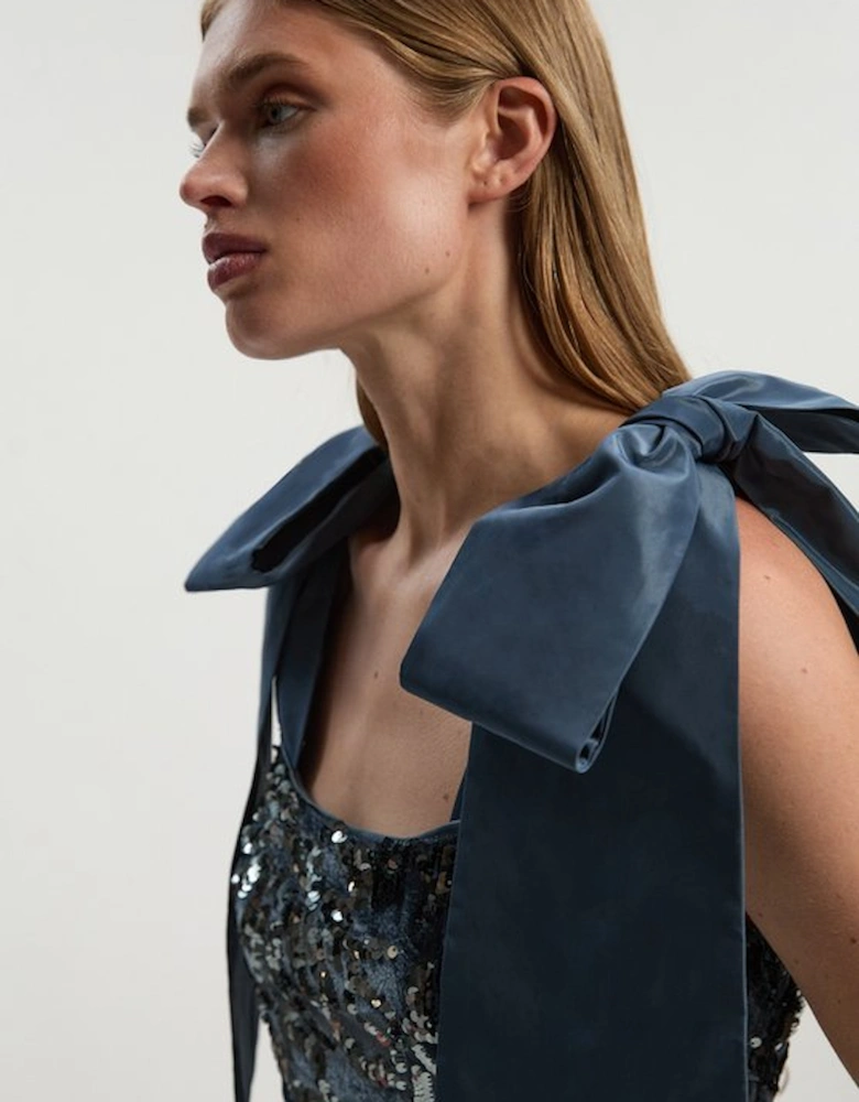 Velvet Sequin Woven Mini Dress With Taffeta Bow Tie Detail
