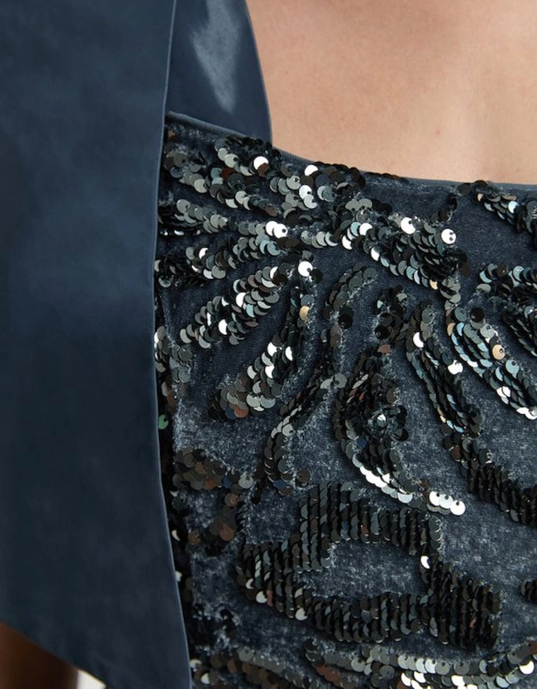 Velvet Sequin Woven Mini Dress With Taffeta Bow Tie Detail