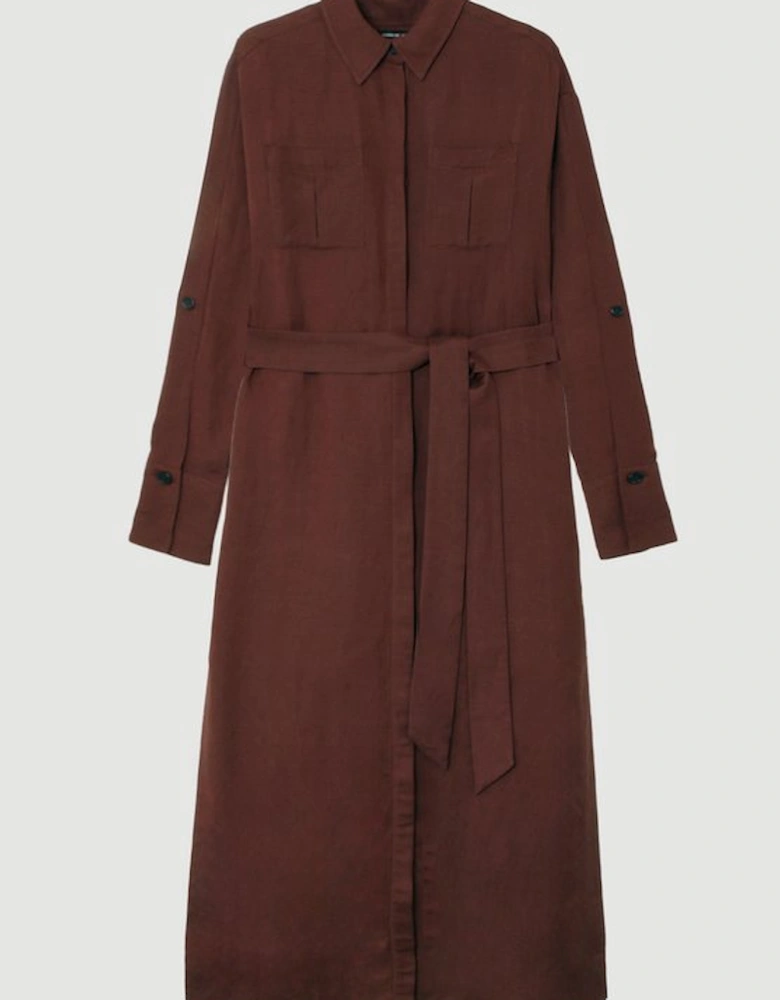 Viscose Linen Woven Belted Shirt Midi Dress