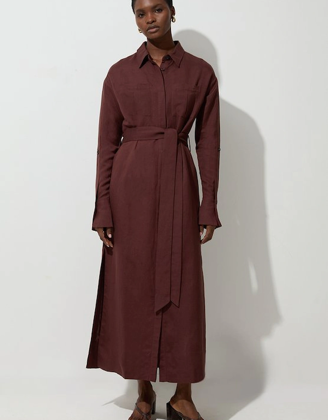 Viscose Linen Woven Belted Shirt Midi Dress, 5 of 4