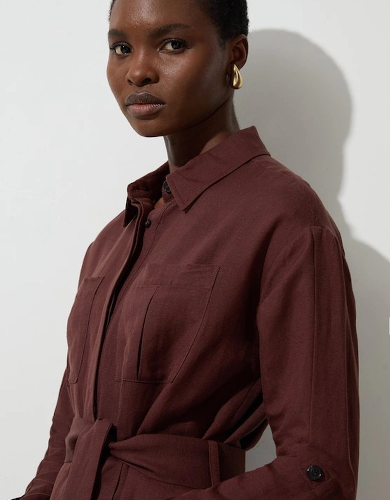 Viscose Linen Woven Belted Shirt Midi Dress