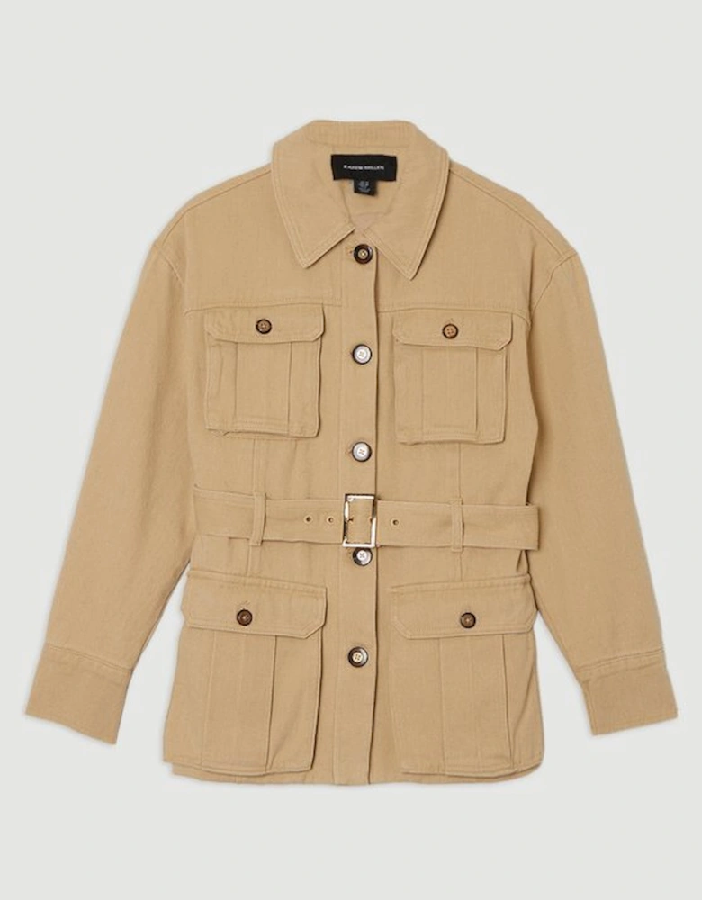 Denim Pocket Detail Belted Safari Jacket