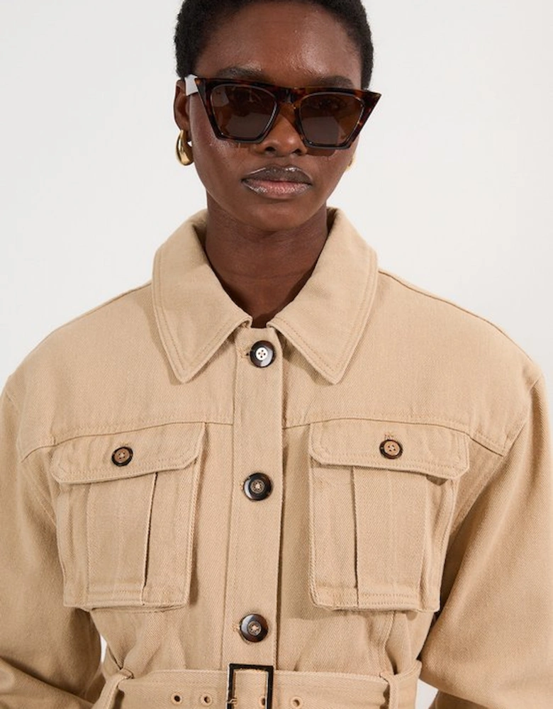 Denim Pocket Detail Belted Safari Jacket
