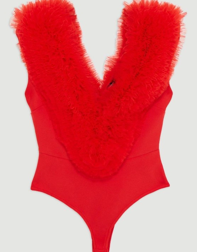 Bandage Figure Form Knit Tulle Detail Bodysuit