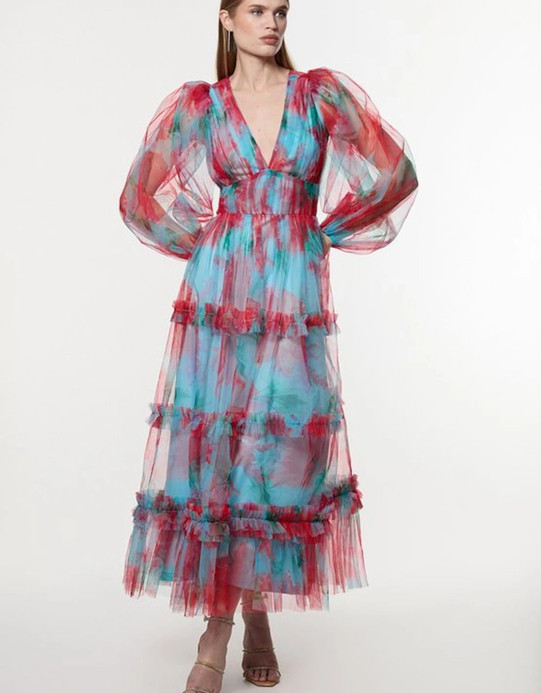 Floral Tulle Balloon Sleeve Plunge Woven Maxi Dress