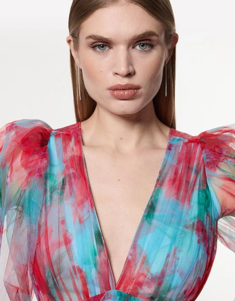 Floral Tulle Balloon Sleeve Plunge Woven Maxi Dress