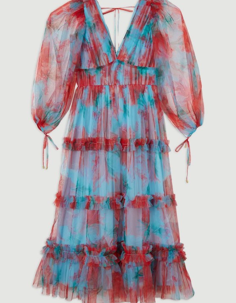 Floral Tulle Balloon Sleeve Plunge Woven Maxi Dress