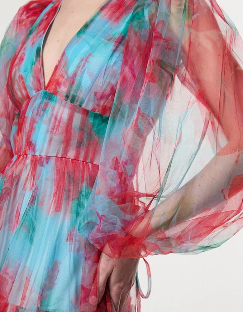 Floral Tulle Balloon Sleeve Plunge Woven Maxi Dress